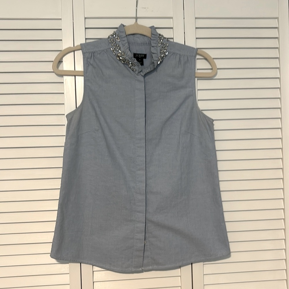 J. Crew Chambray Jewel Collard Oxford Sleeveless Shell Top